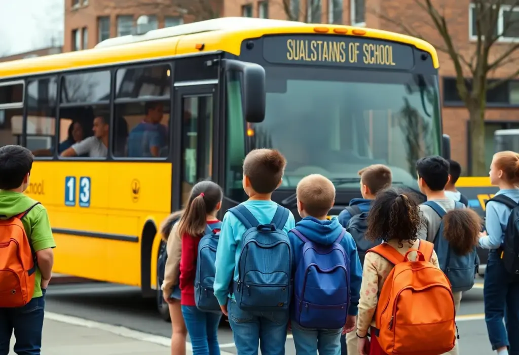 School bus with students at a transportation hub in Indianapolis