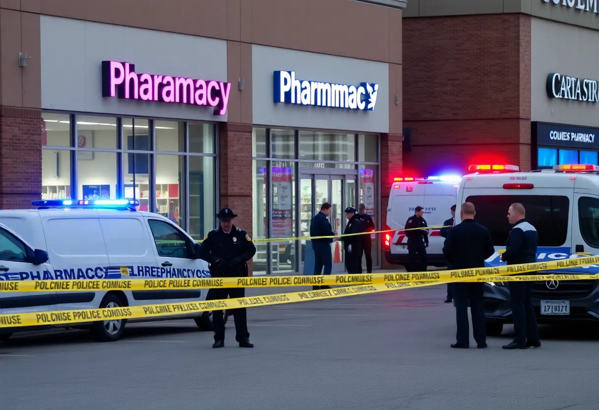 Police tape and emergency vehicles outside a pharmacy in Indianapolis after a shooting incident