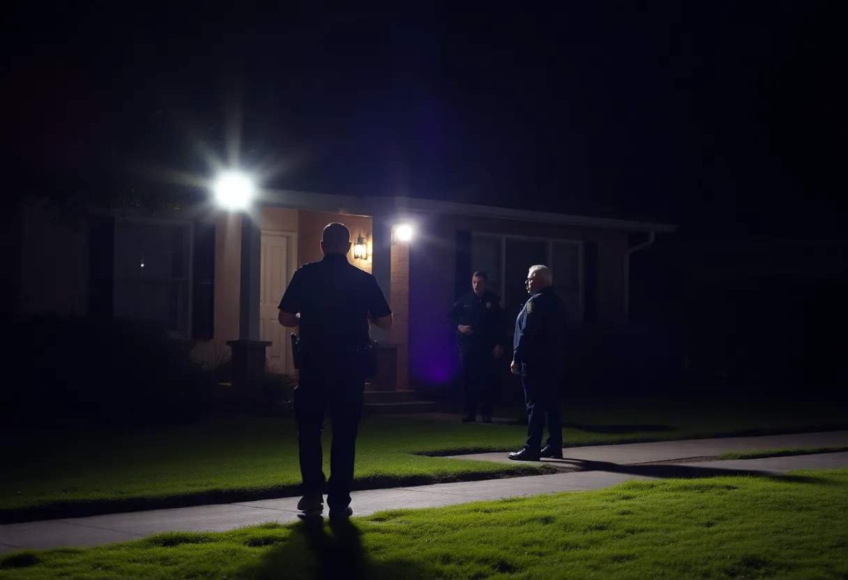 Police officers examining a crime scene outside a home at night in Indianapolis