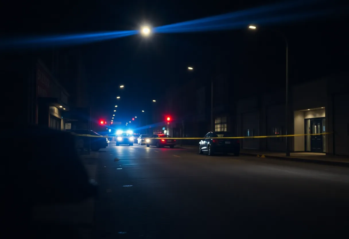 Police tape on a neighborhood street with emergency responders investigating a shooting scene