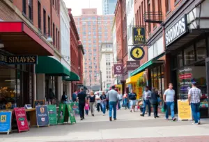 Vibrant street scene of small businesses in Indianapolis.