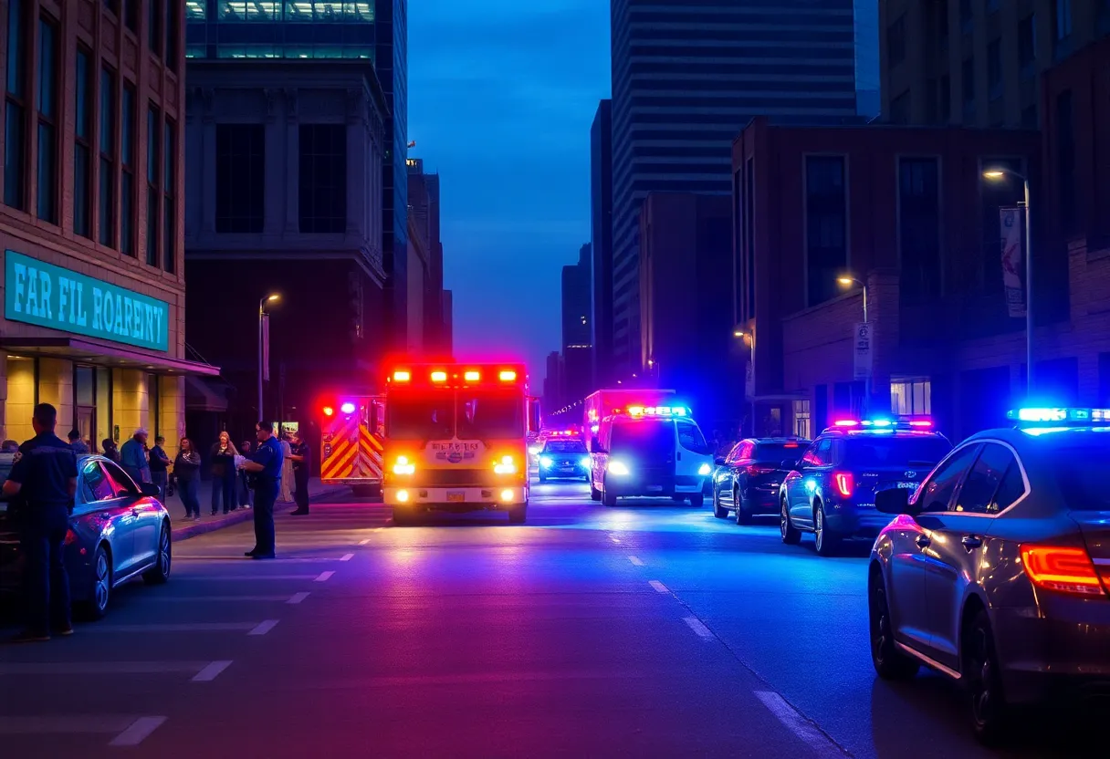Police officers and emergency personnel at night on an Indianapolis street
