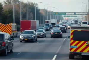 Multi-vehicle crash scene on a highway with construction barriers and emergency responders in Indianapolis
