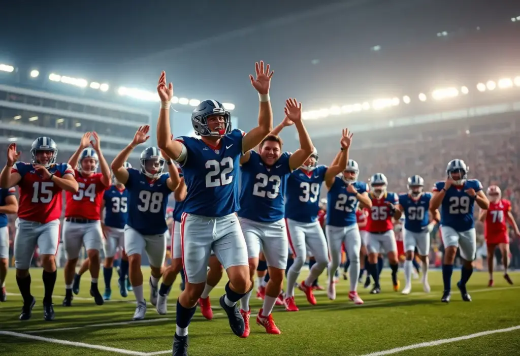 Team of football players celebrating victory on the field