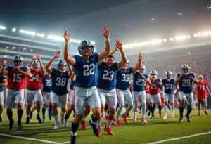 Team of football players celebrating victory on the field
