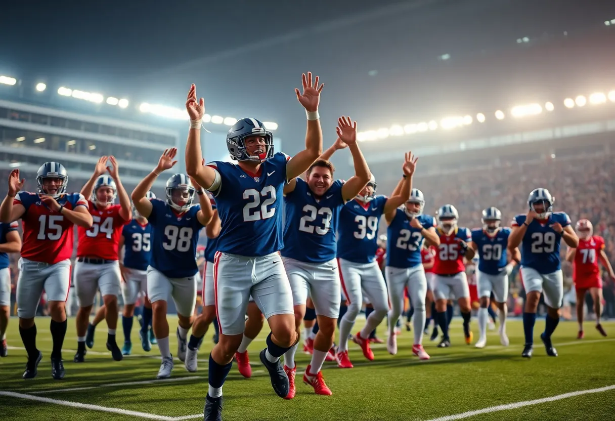 Team of football players celebrating victory on the field