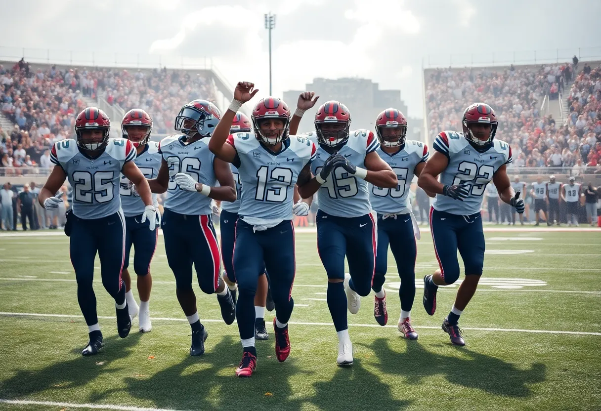 Football players celebrating on the field after a victorious game, capturing the energy and excitement of the team.