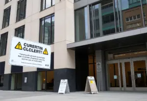 Downtown Indianapolis office building with safety measures in place during temporary closure