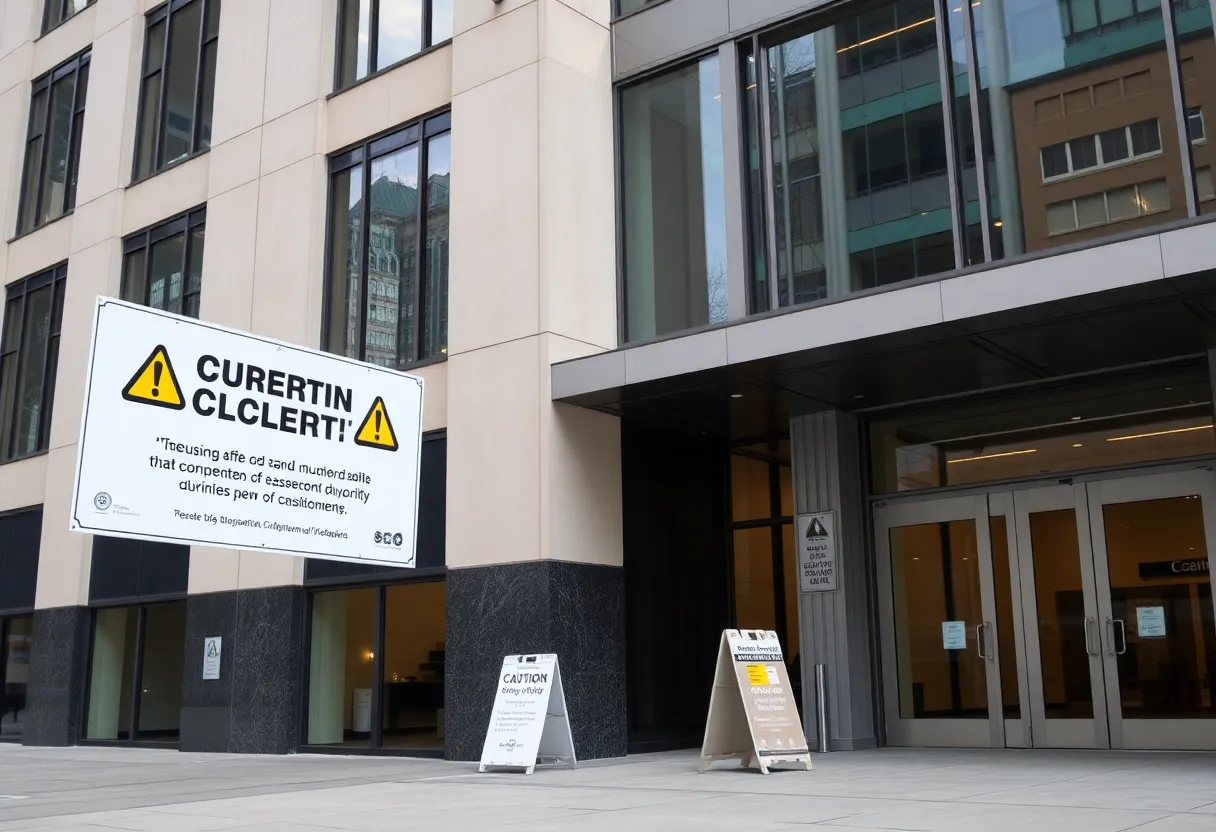 Downtown Indianapolis office building with safety measures in place during temporary closure