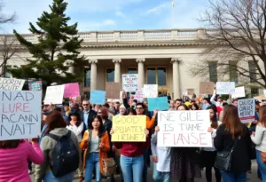 Participants protesting outside the Indiana Statehouse with signs and chants, reflecting civic activism.
