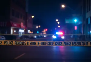 Police officers and crime scene tape at night on Indianapolis street