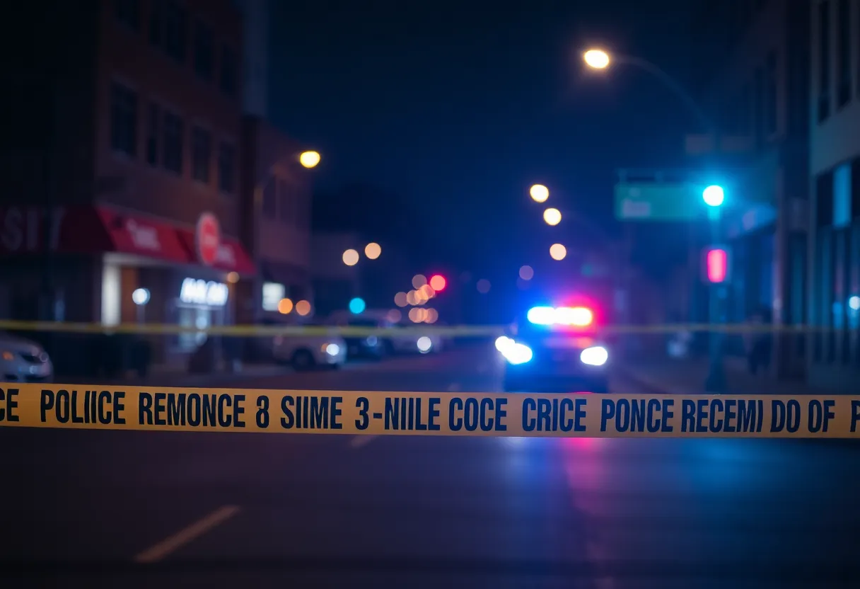 Police officers and crime scene tape at night on Indianapolis street