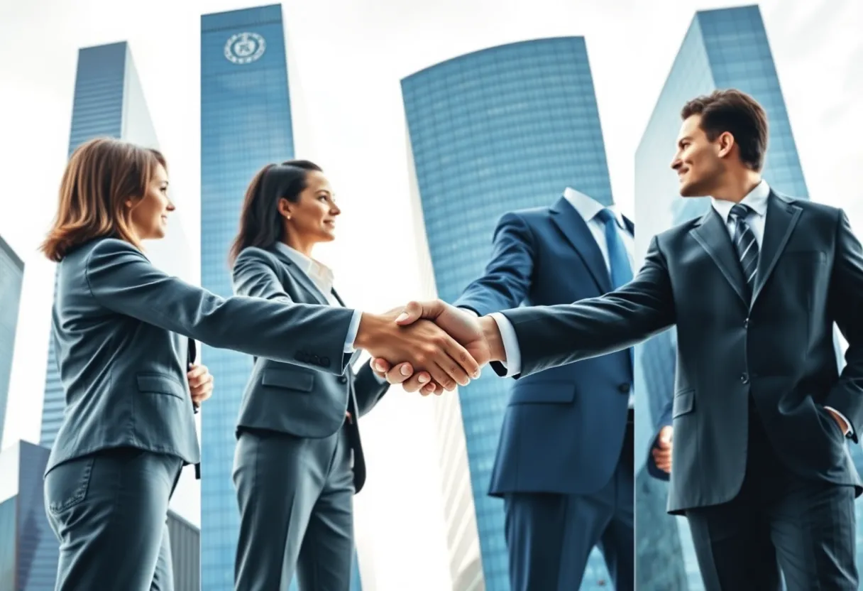 Business professionals representing mergers and acquisitions in the insurance sector.