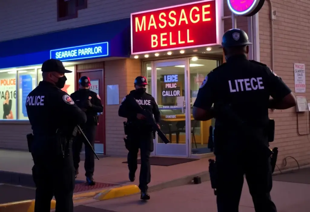 Police officers conducting a raid at a massage parlor as part of a human trafficking investigation in Indiana