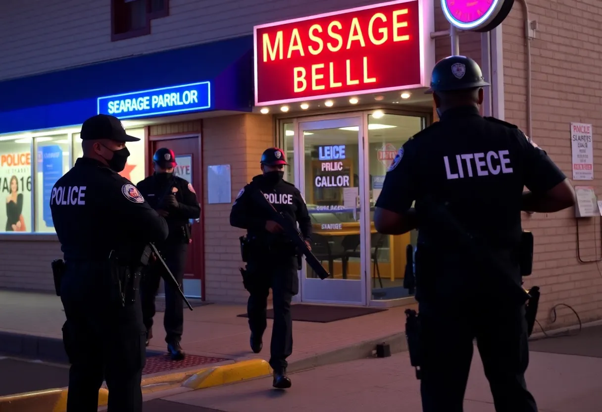 Police officers conducting a raid at a massage parlor as part of a human trafficking investigation in Indiana