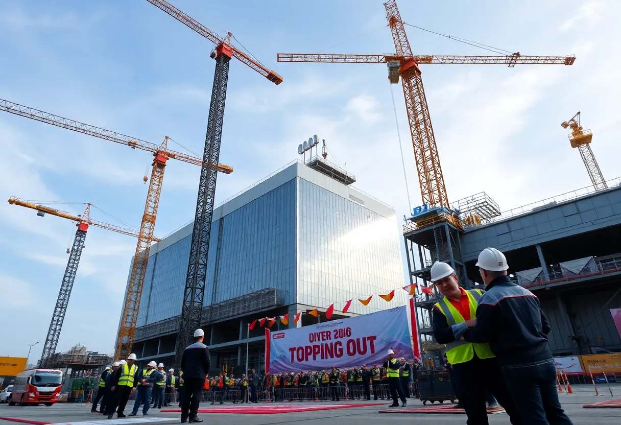 Construction workers and officials celebrating the topping-out ceremony at the new Lego factory in Chesterfield.