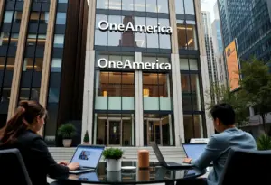 Illustration of a modern office building with employees working remotely from home, cityscape background