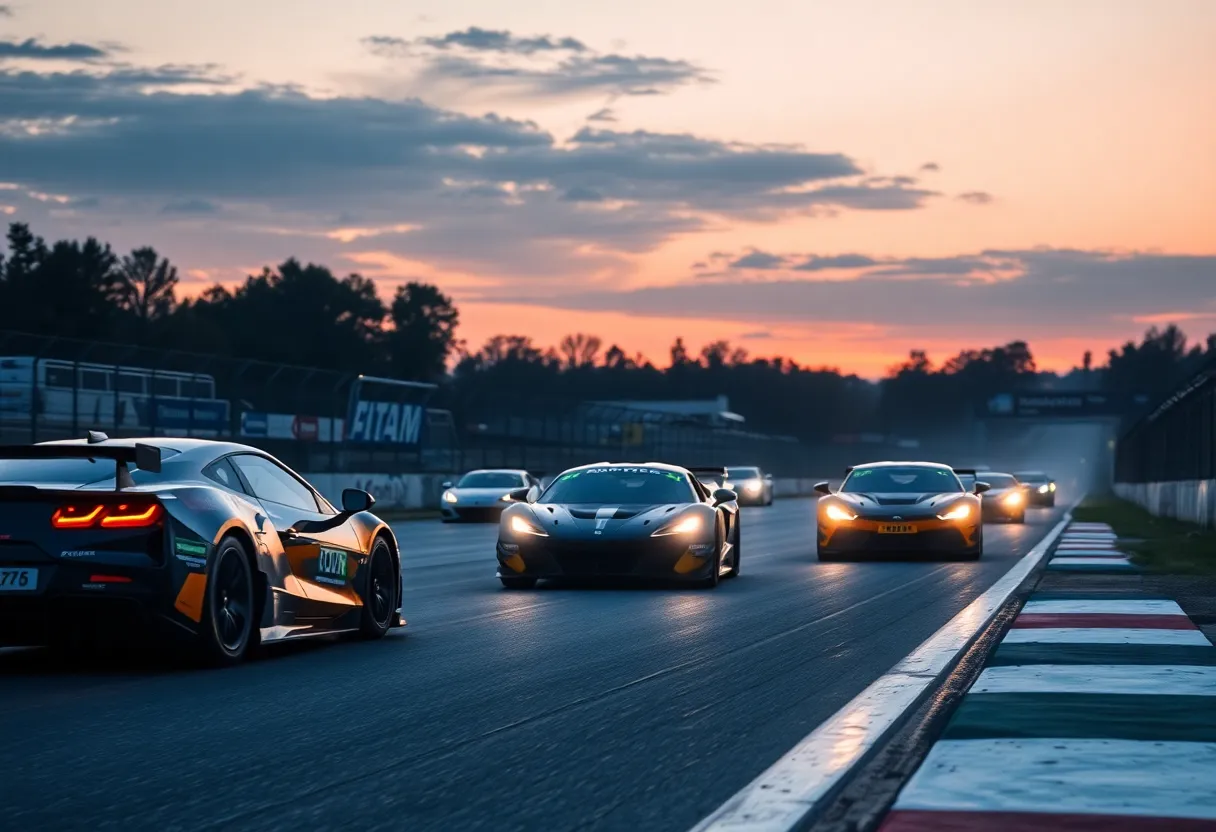 High-performance cars racing at dusk during the Indianapolis 8 Hour Race