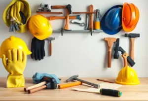 Safety equipment and tools for DIY home projects laid out in a workspace.