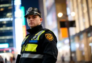 Security team member in uniform near city buildings at night
