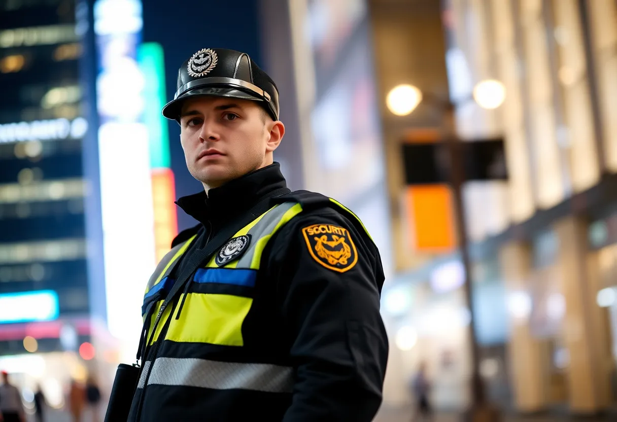 Security team member in uniform near city buildings at night
