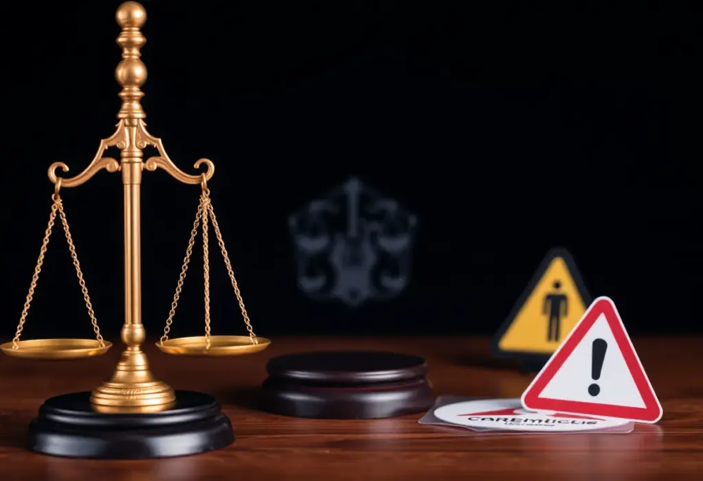 Illustration of scales of justice and warning icons symbolizing legal actions against security firms