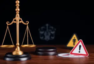 Illustration of scales of justice and warning icons symbolizing legal actions against security firms