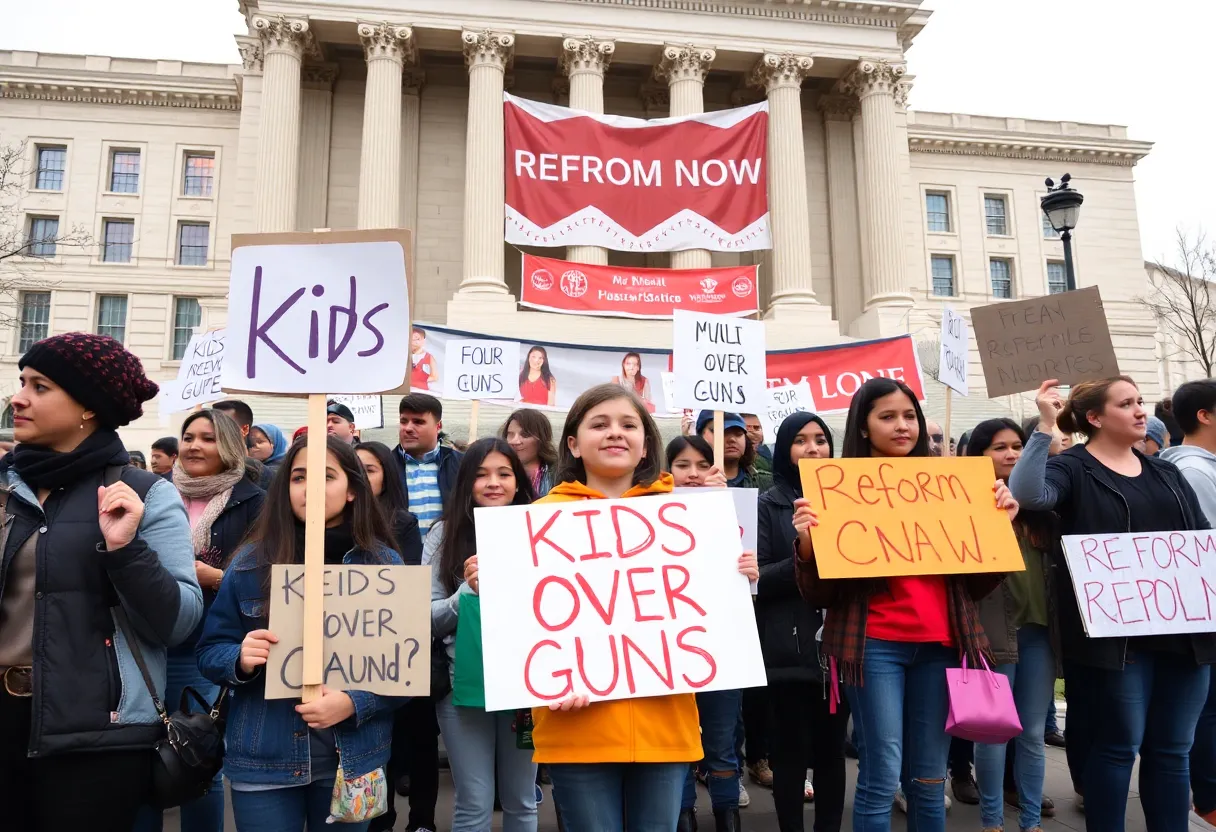 Students protesting for gun reform holding signs outside the Indiana Statehouse