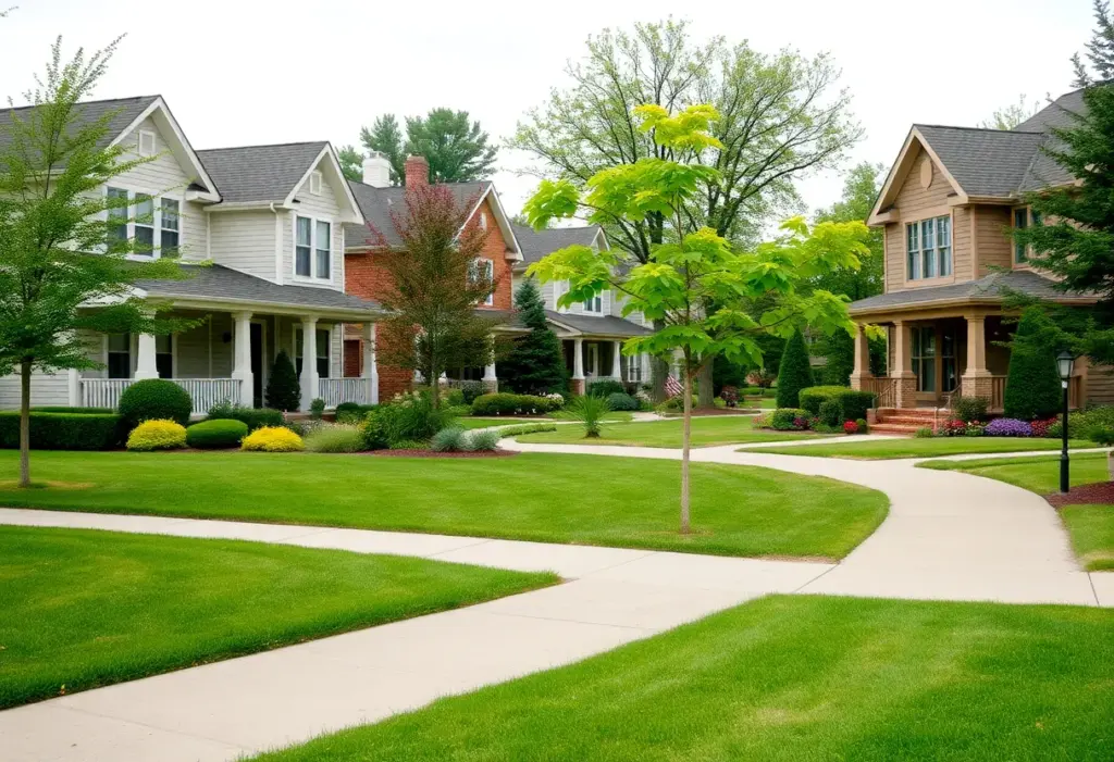 Suburban neighborhood in Indianapolis showcasing diverse architecture and greenery.