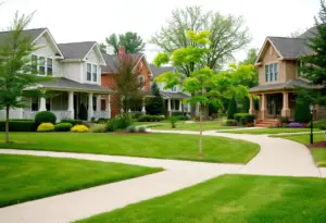 Suburban neighborhood in Indianapolis showcasing diverse architecture and greenery.