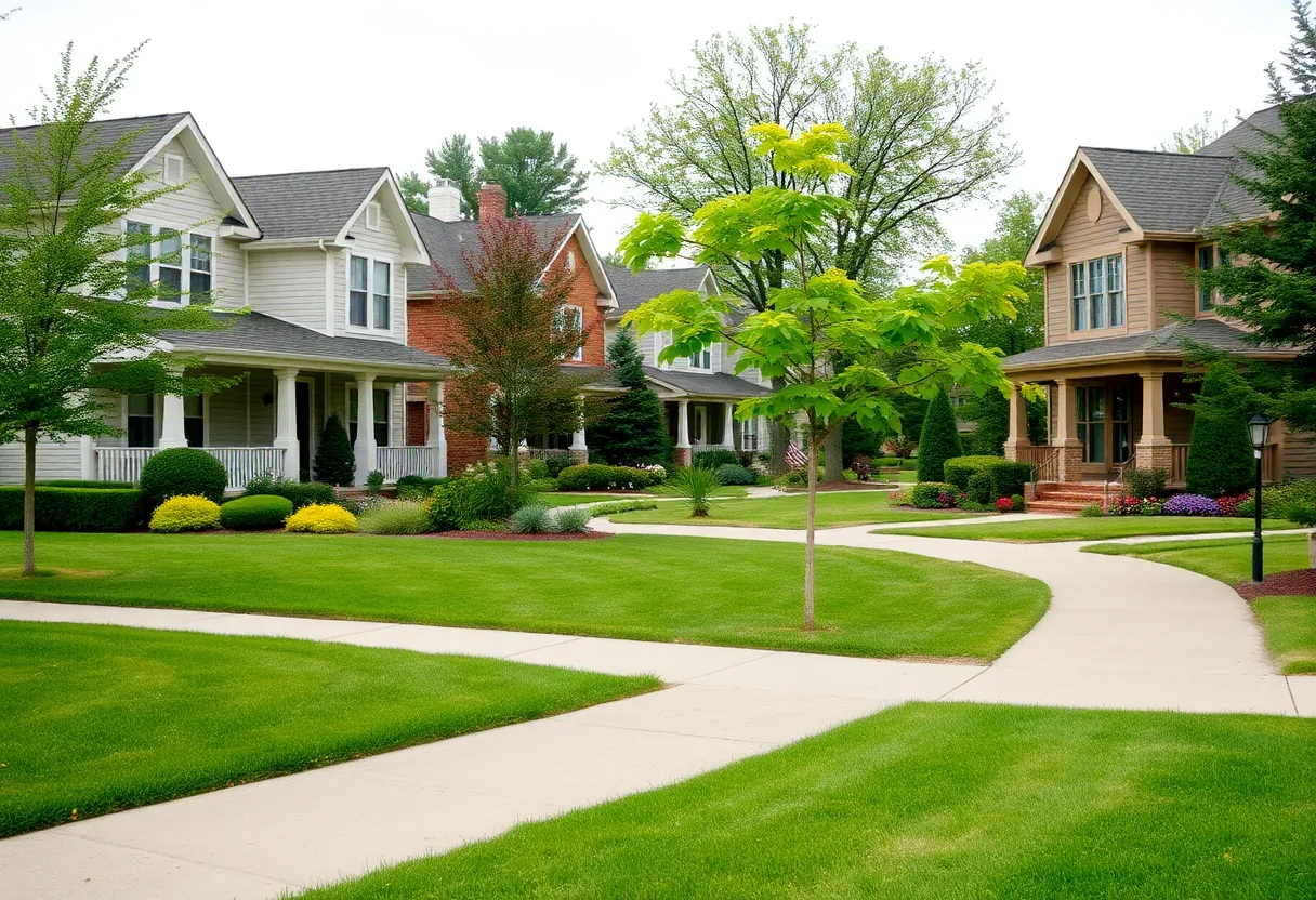 Suburban neighborhood in Indianapolis showcasing diverse architecture and greenery.