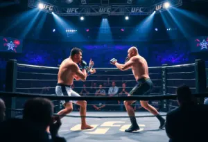 Two fighters battling in an octagonal ring during UFC 321 event