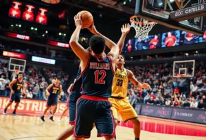 Players from the Warriors and Lakers competing in an NBA game