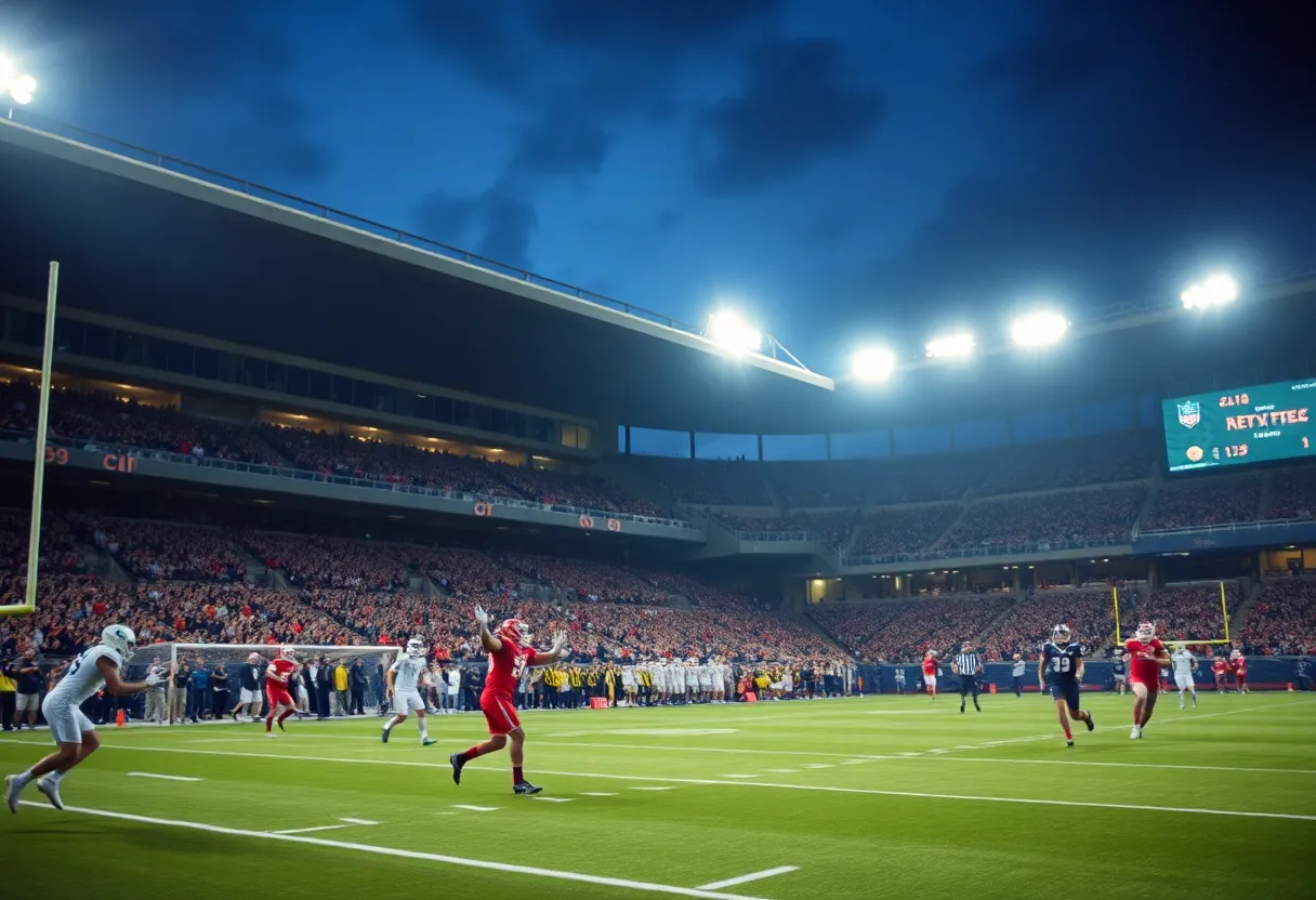 San Francisco 49ers vs Carolina Panthers game under stadium lights.