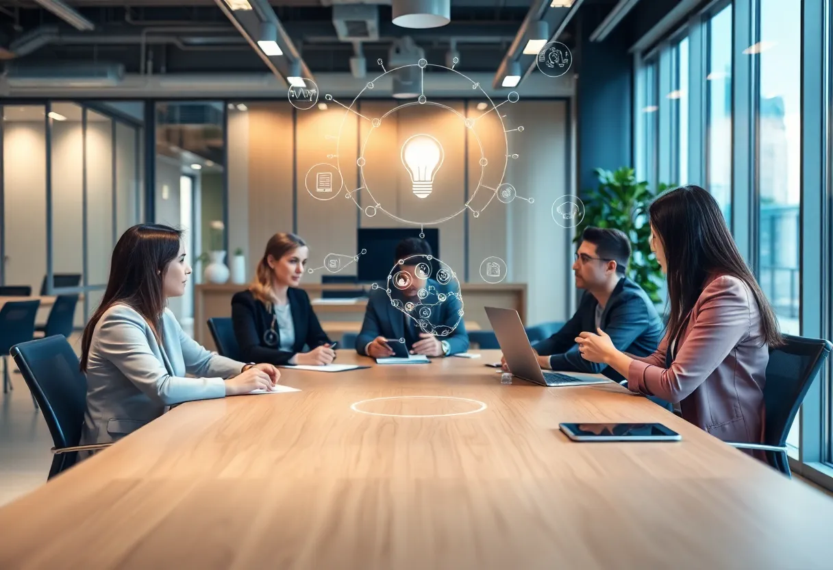 Business professionals discussing AI adoption strategies
