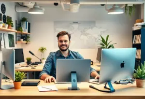 A solopreneur using AI technology in a modern office setting.