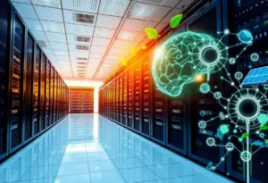 Futuristic view of Amazon's data center facility with AI technology theme