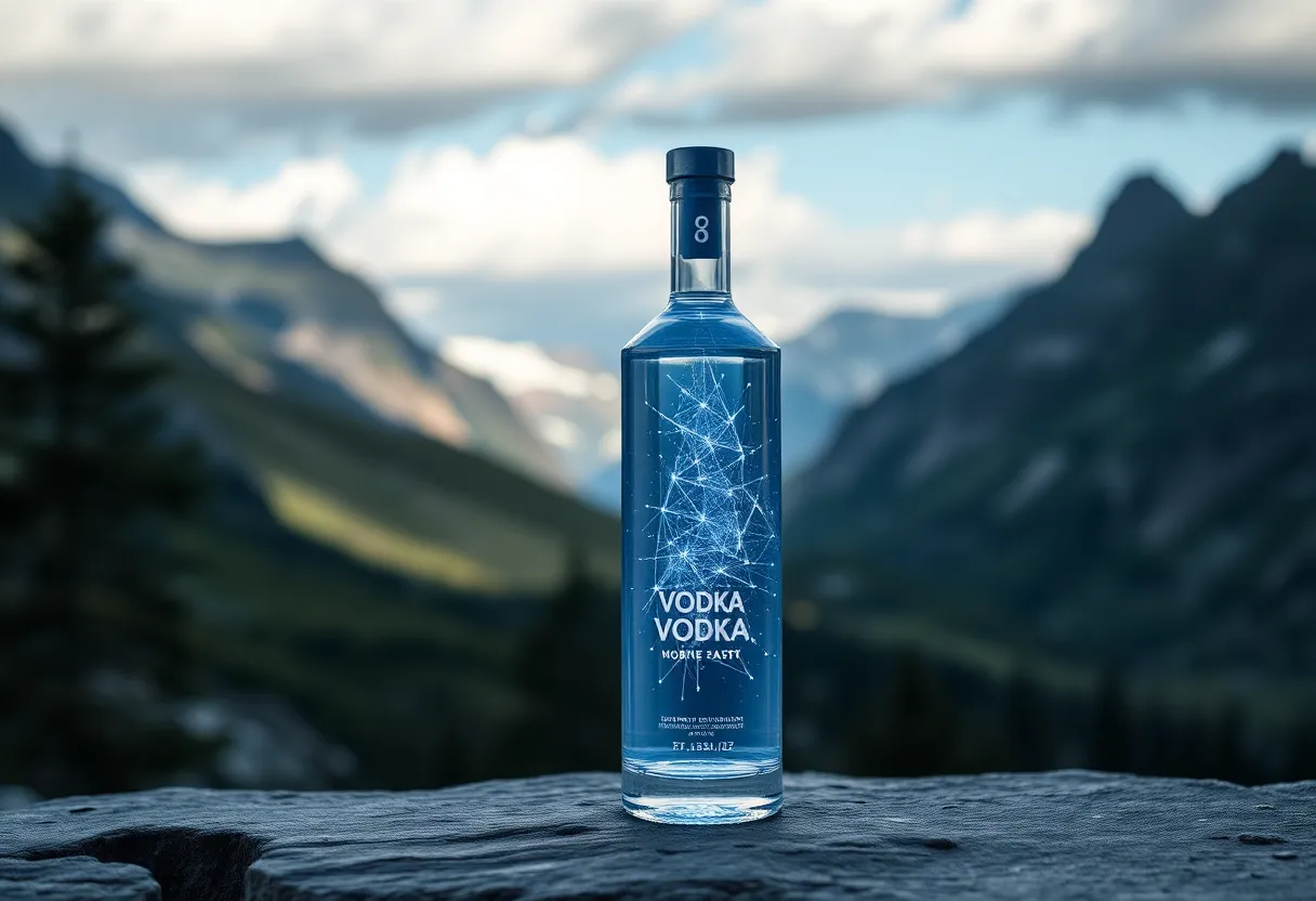 Amoon Vodka bottle featuring the Vortex Control Unit in a scenic Catskills backdrop.