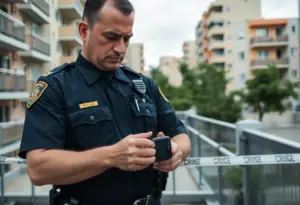 A close-up of an electronic ankle monitor on a suspect's leg.