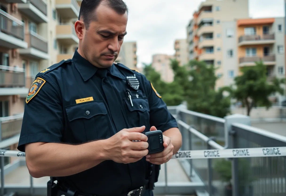 A close-up of an electronic ankle monitor on a suspect's leg.