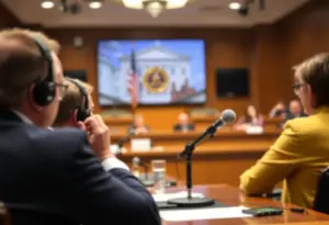 Courtroom scene of a podcast lawsuit