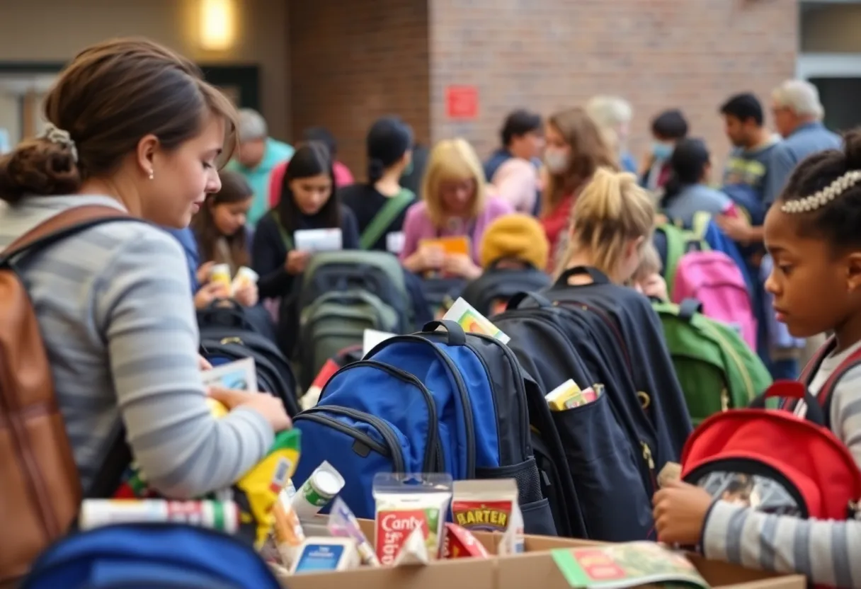 Volunteers packing backpacks for students at West Lafayette Junior-Senior High School