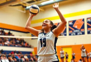 High school volleyball player celebrating commitment to collegiate volleyball.