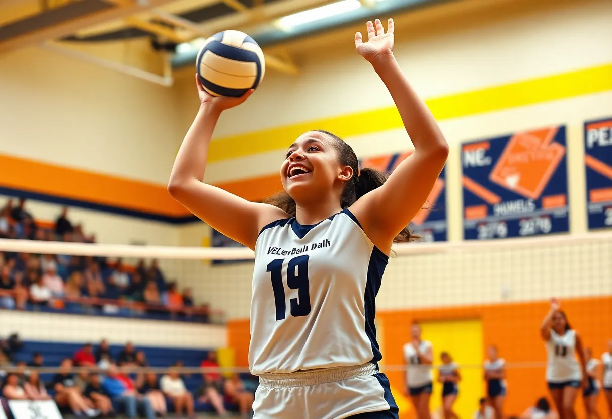 High school volleyball player celebrating commitment to collegiate volleyball.