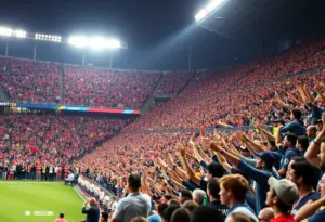 Fans cheering in a stadium during the Big Ten Championship Game.