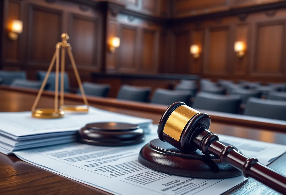 Courtroom setting depicting a lawsuit