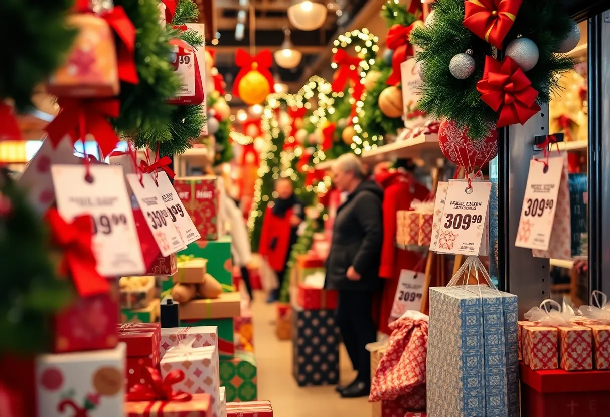 Holiday shopping scene in Indianapolis with discounted gifts