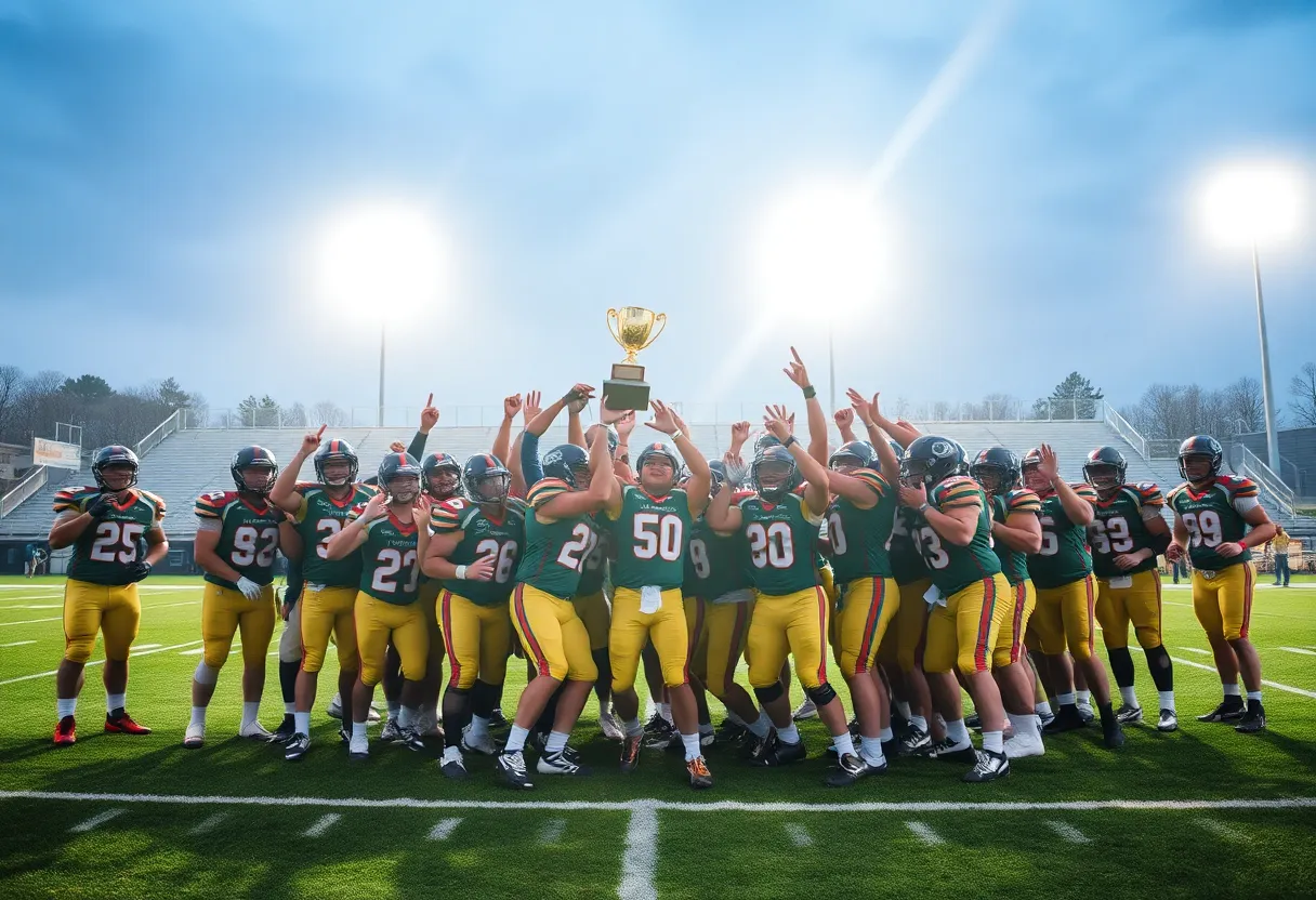 Brownsburg Bulldogs celebrating their state championship win on the field.
