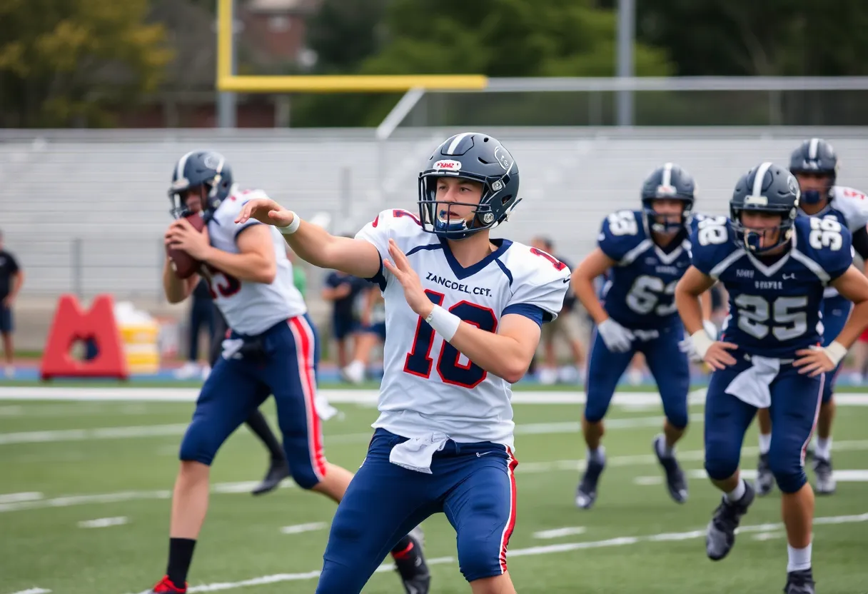A high school quarterback throwing a pass during a football game.