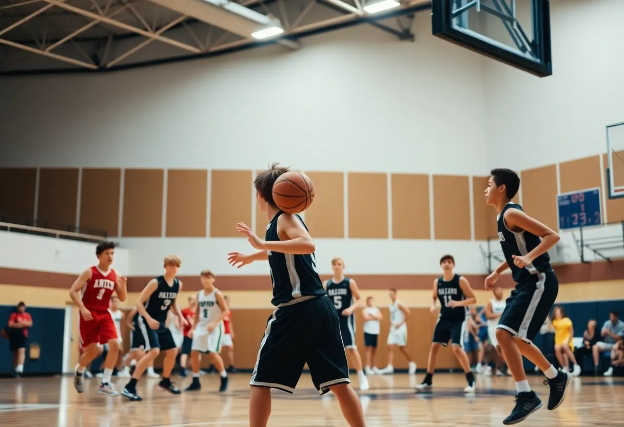 High school basketball players in action during a game in Central Indiana